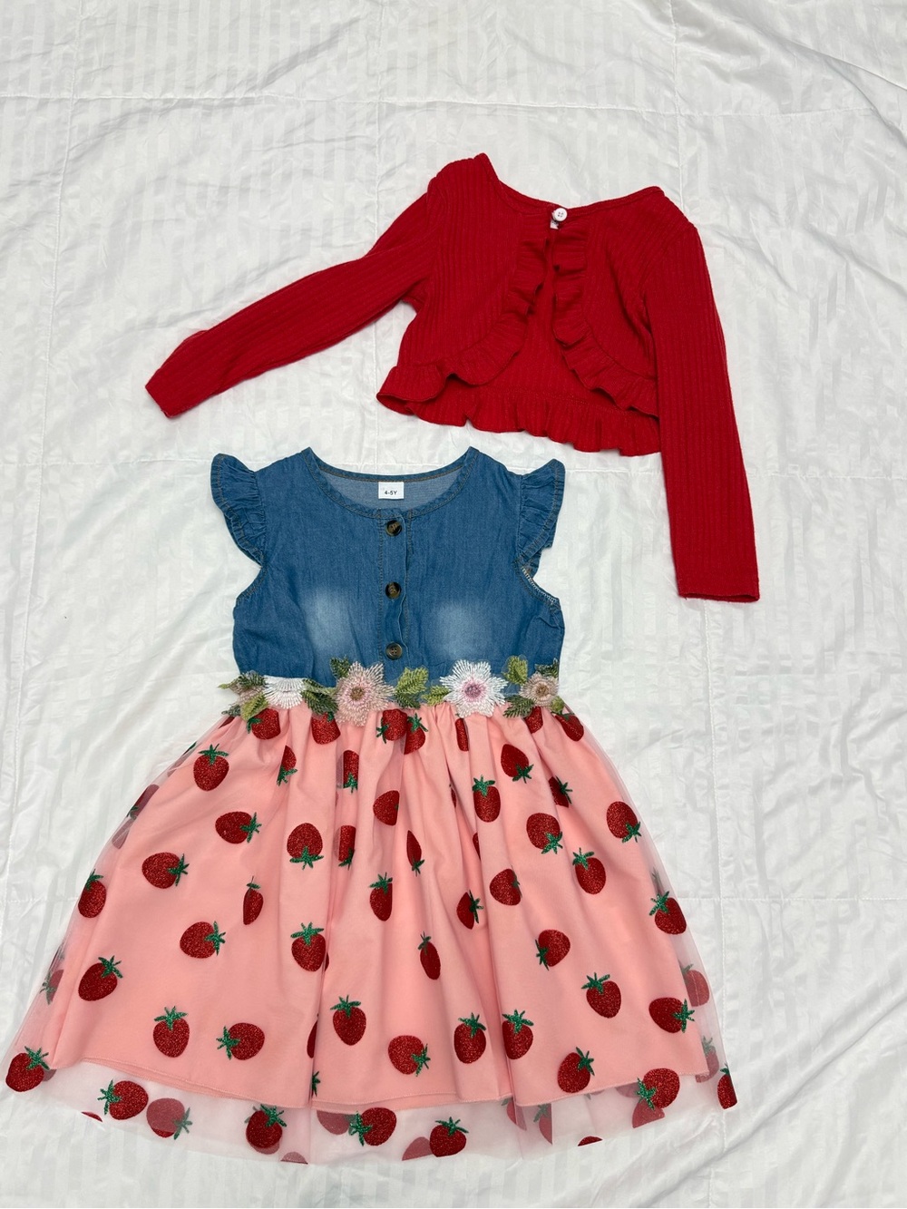 Denim & Strawberry Pink Tulle Dress with Red Ruffle Cardigan